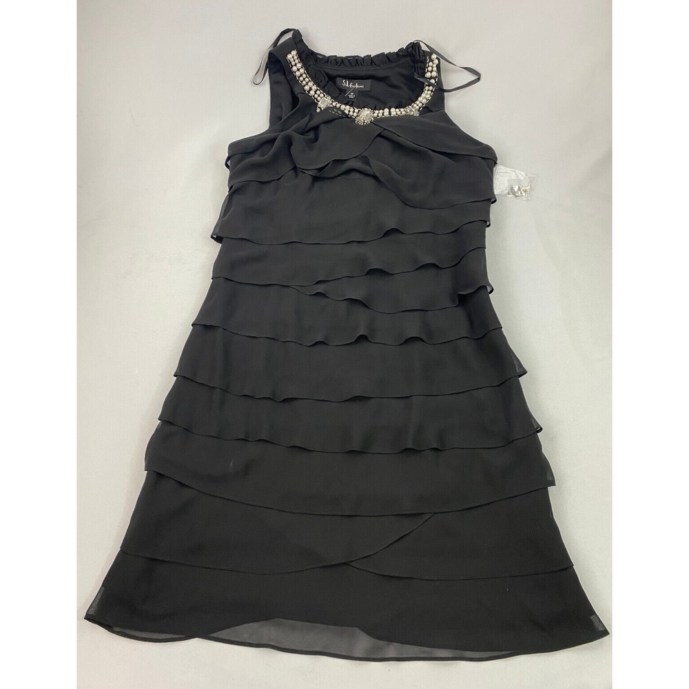 S.L. Fashions Women Black Pearl Neck Asym Tiered Dress 110100 Missy Sz 10